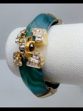 Alexis Bittar Teal Varigated Lucite Bangle with Gold-Tone  Crystal Accents! NWOT